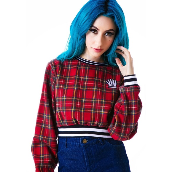 Lazy Oaf Tops - Lazy Oaf Cropped Sweatshirt Pullover Red Plaid M/L
